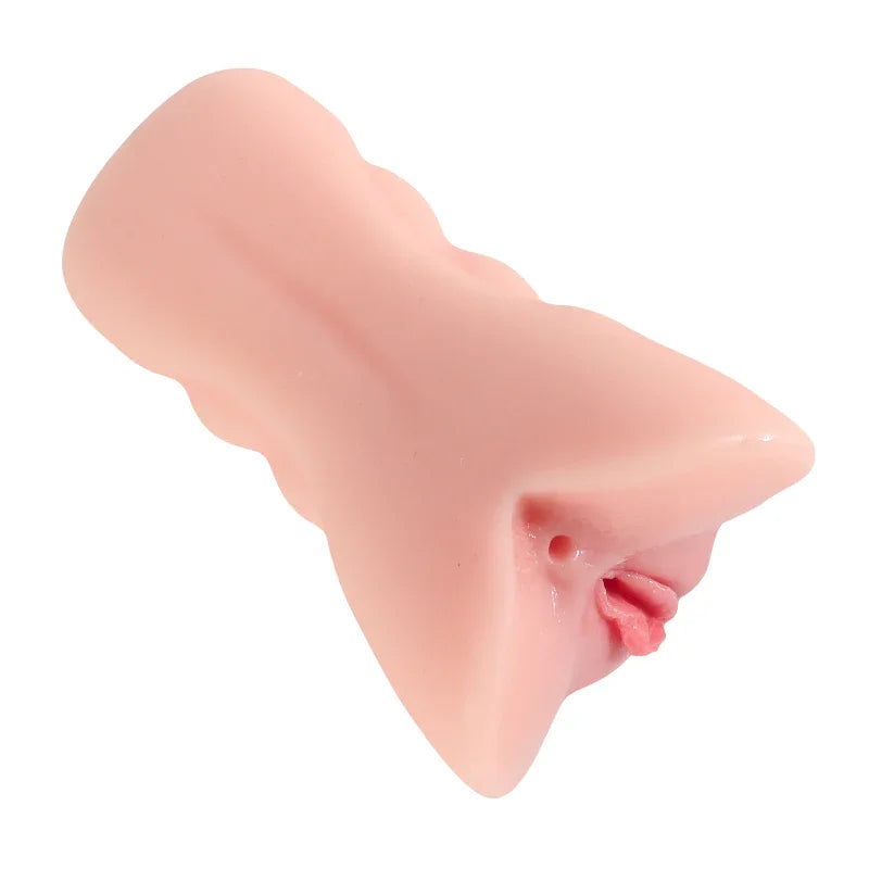 Realistic pink silicone male masturbator with detailed labia and vaginal opening, smooth texture