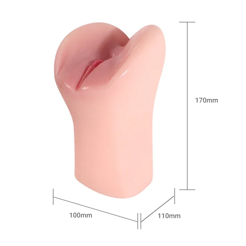 Realistic pink silicone male masturbator with detailed labia, 170mm height, smooth texture