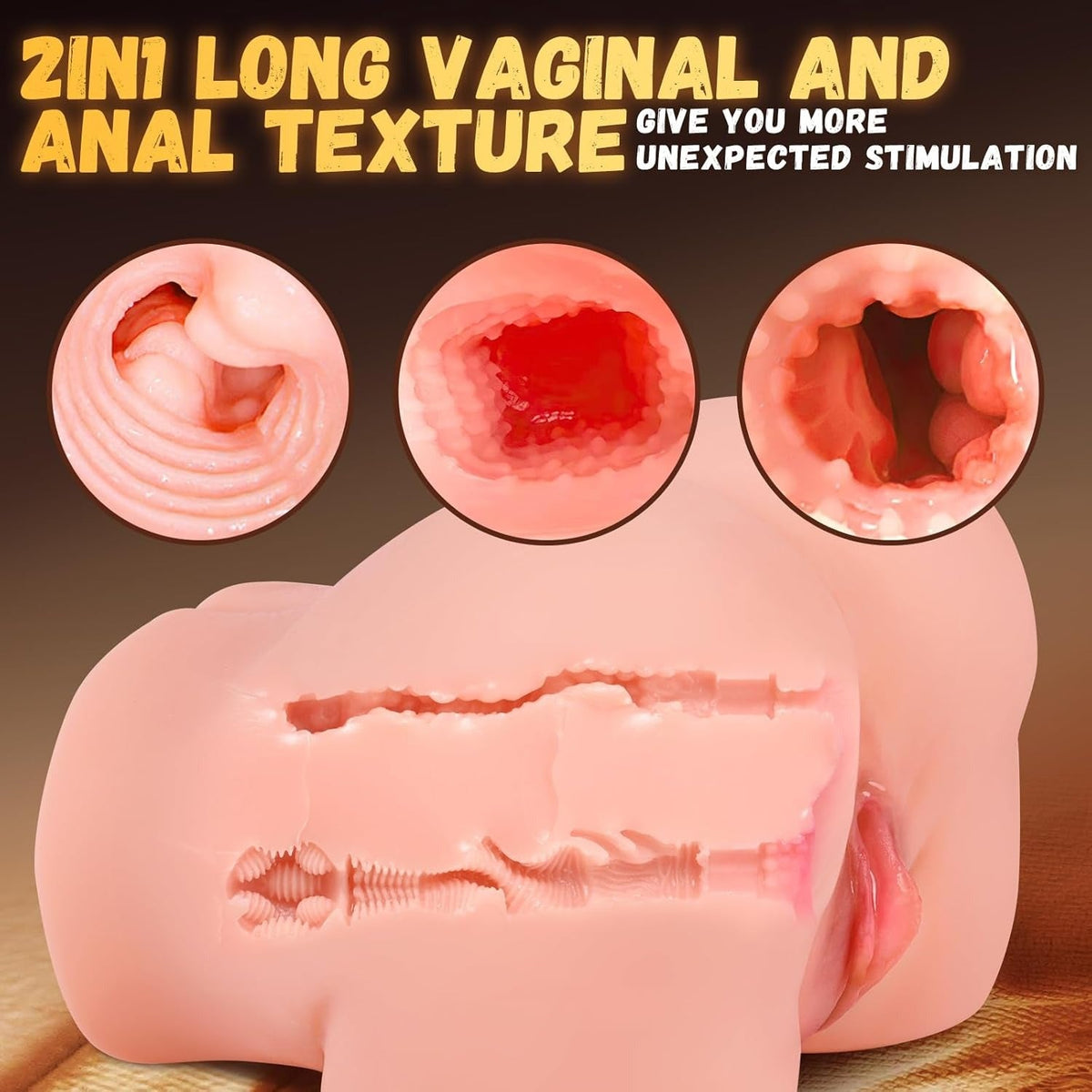 Pink dual-cavity male masturbator with detailed vaginal and anal textures for enhanced stimulation