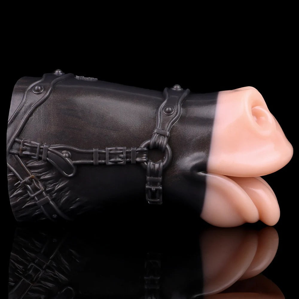 Realistic flesh-toned male masturbator with black leather harness detailing and textured straps