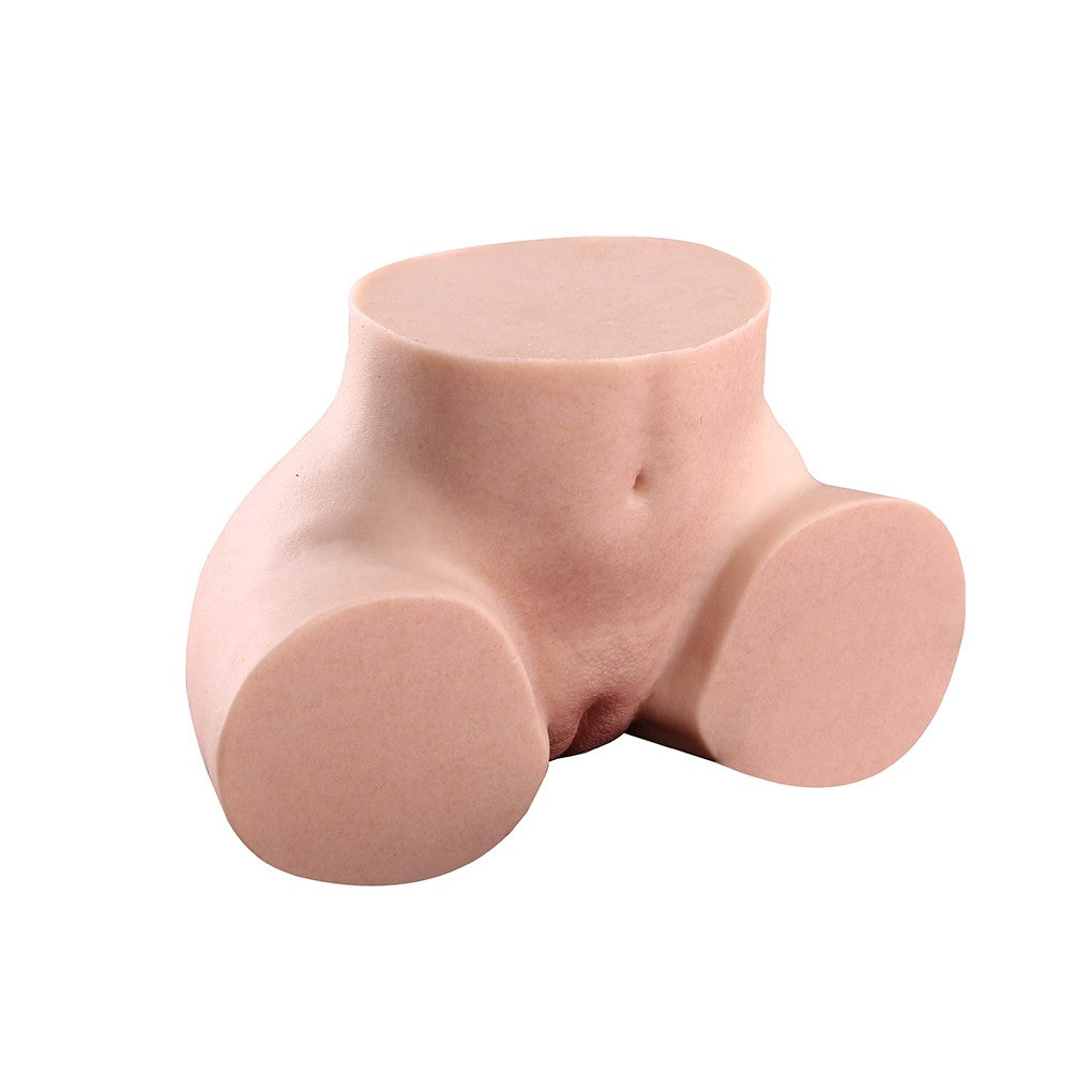 Realistic flesh-toned male masturbator with detailed vulva and rounded thighs, soft silicone texture