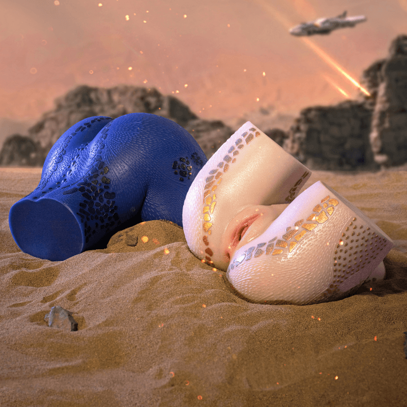 Blue and white textured male masturbators with gold accents, resting on sandy terrain under a glowing sky.