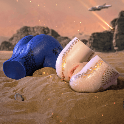 Blue and white textured male masturbators with gold accents, resting on sandy terrain under a glowing sky.