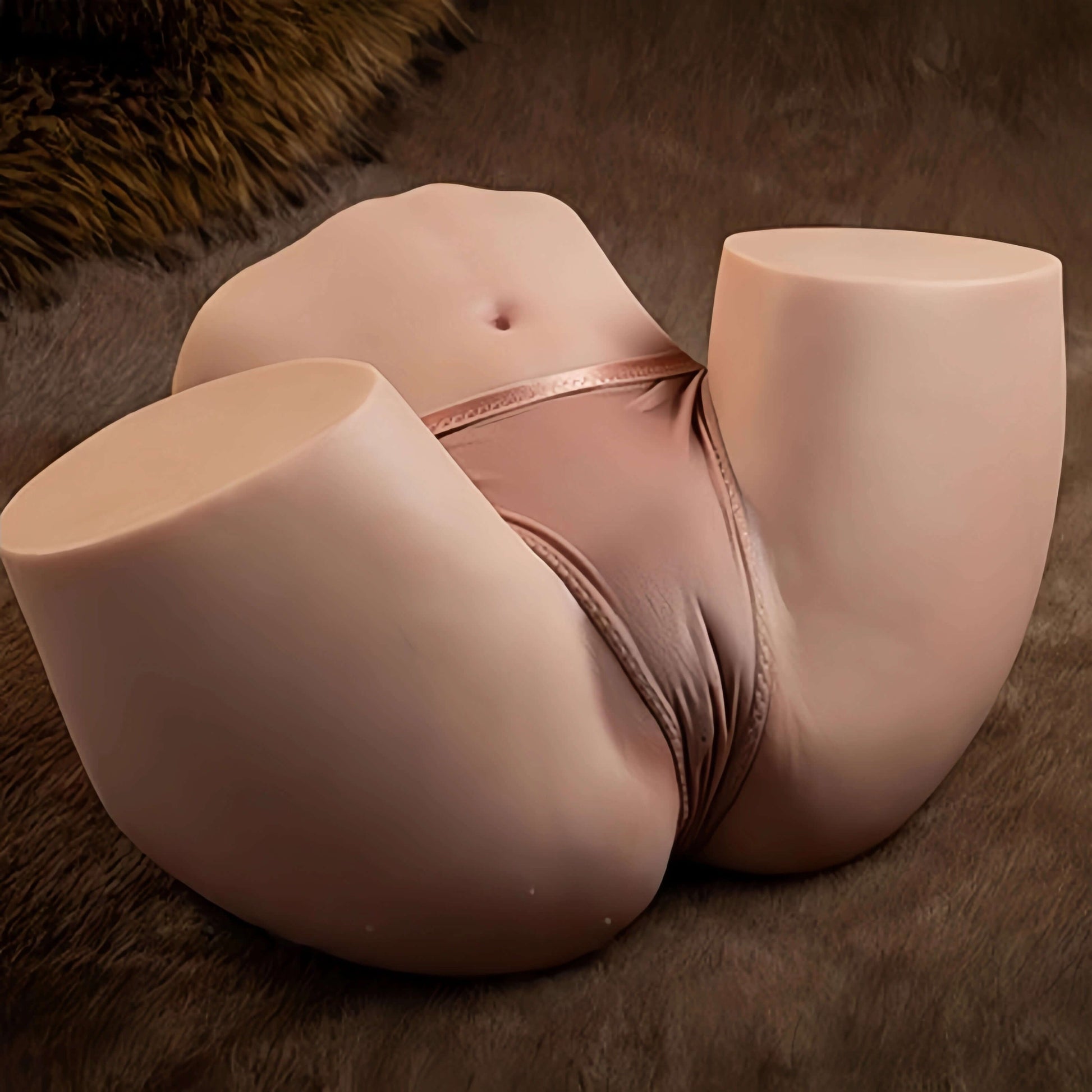 Realistic female torso with detailed skin texture, wearing sheer pink lingerie, on faux fur surface