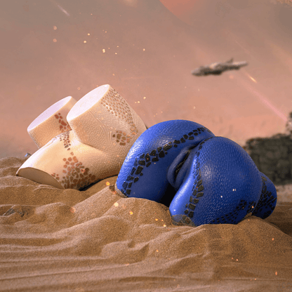 Blue and beige textured male masturbators with geometric patterns, nestled in sand under a sci-fi sky