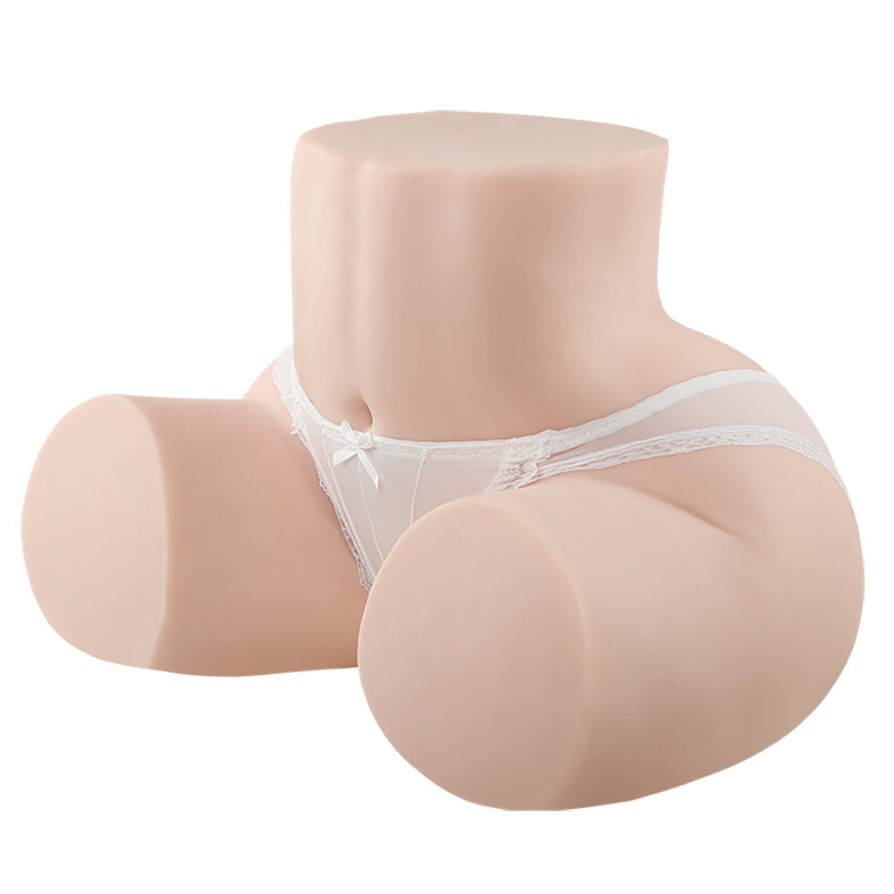Realistic silicone male masturbator with lifelike skin texture, wearing white lace underwear, designed for intimate pleasure.
