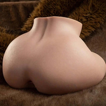 Realistic silicone male masturbator with lifelike curves and smooth skin texture on plush brown fur