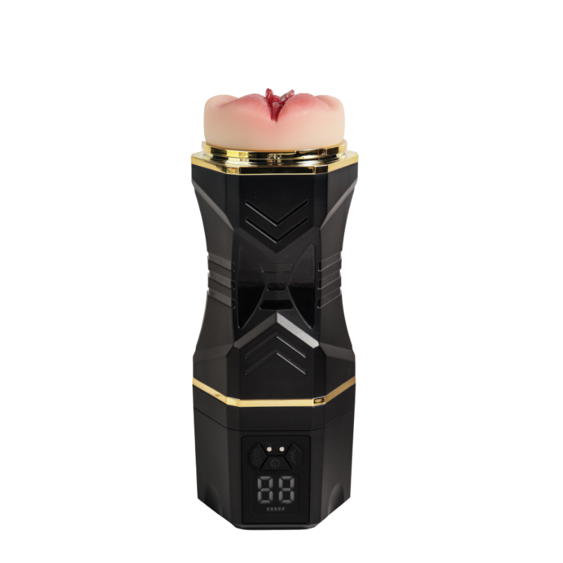 Black and gold male masturbator with realistic pink silicone opening and digital control panel
