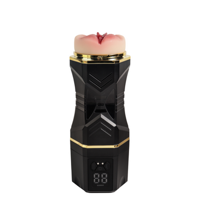 Black and gold male masturbator with realistic pink silicone opening and digital control panel