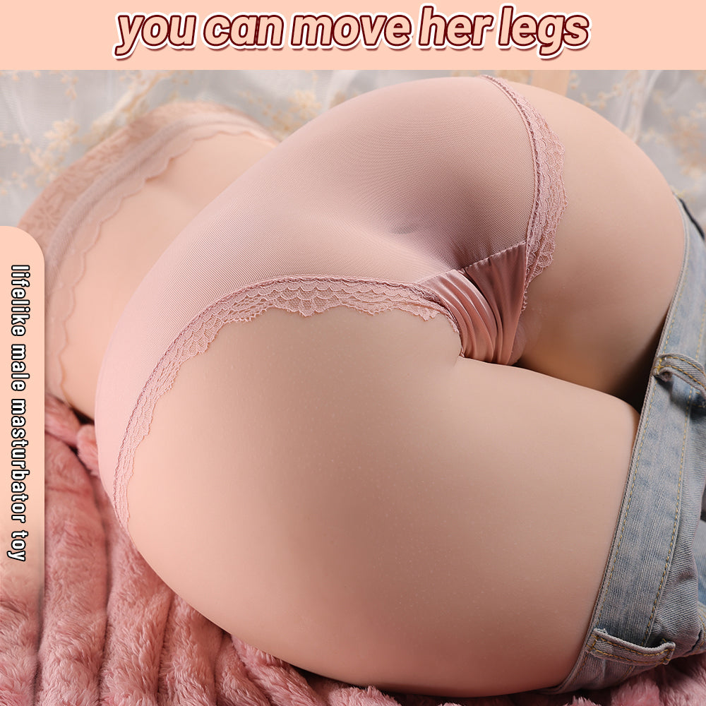 Realistic male masturbator with movable legs, pink lace underwear, soft skin texture, denim shorts