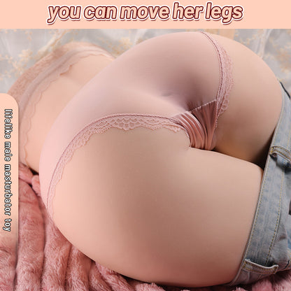Realistic male masturbator with movable legs, pink lace underwear, soft skin texture, denim shorts