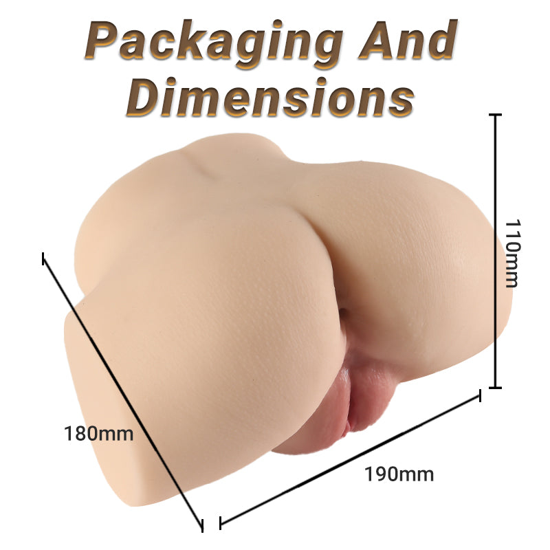Realistic male masturbator with detailed anatomy, 190mm length, 180mm width, 110mm height, soft skin-like texture