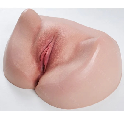 Realistic flesh-toned male masturbator with detailed labia and textured inner canal for enhanced pleasure.