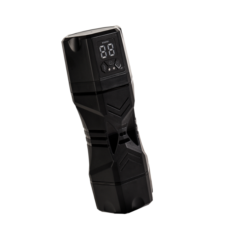 Black textured male masturbator with digital display and control buttons, featuring ergonomic grip design