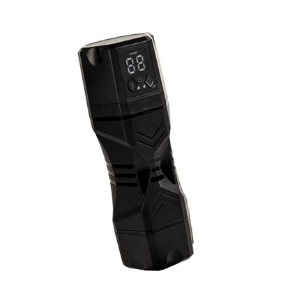 Black textured male masturbator with digital display and control buttons, featuring ergonomic grip design