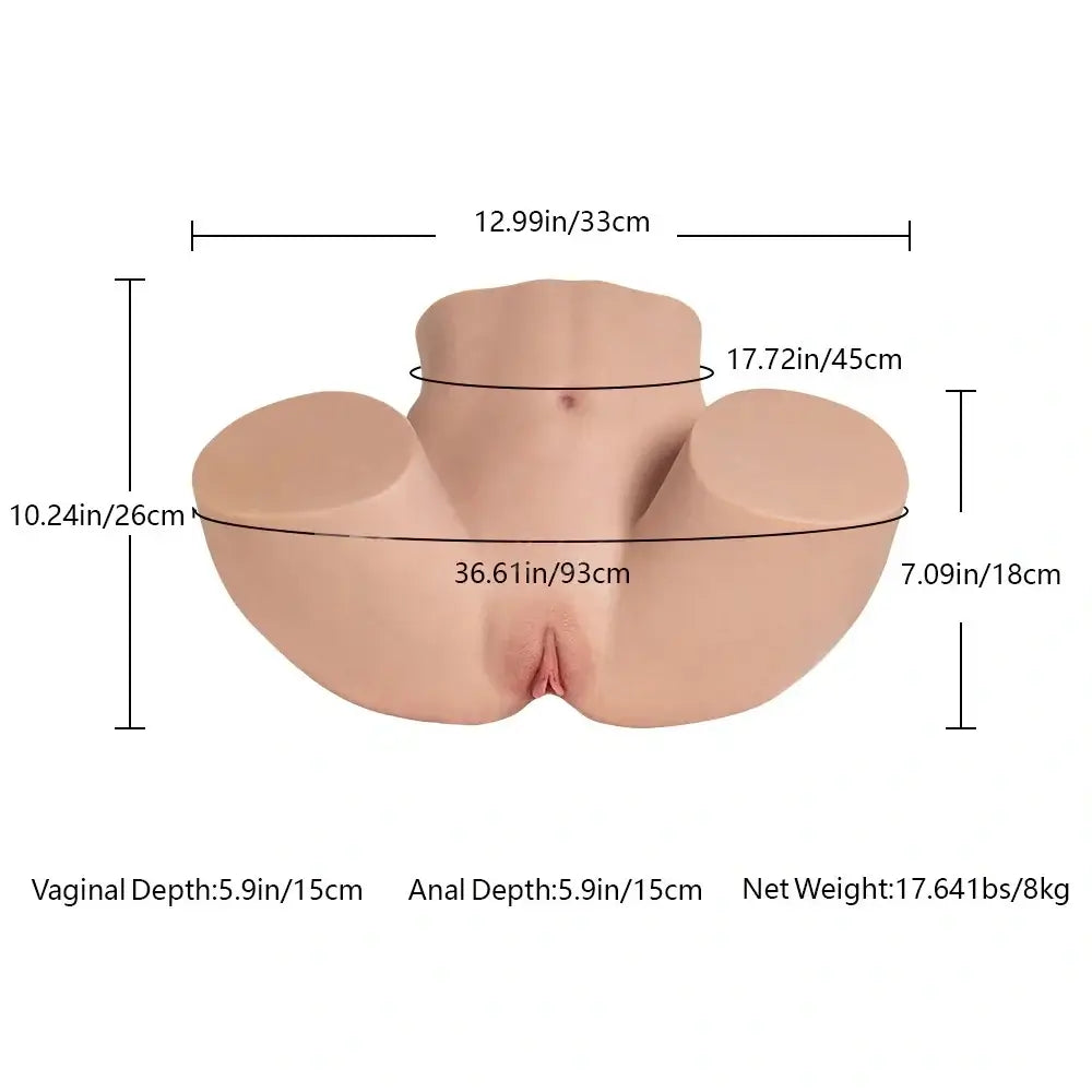 Realistic silicone male masturbator with detailed anatomy, 36.61in hip width, 5.9in vaginal depth, lifelike skin texture