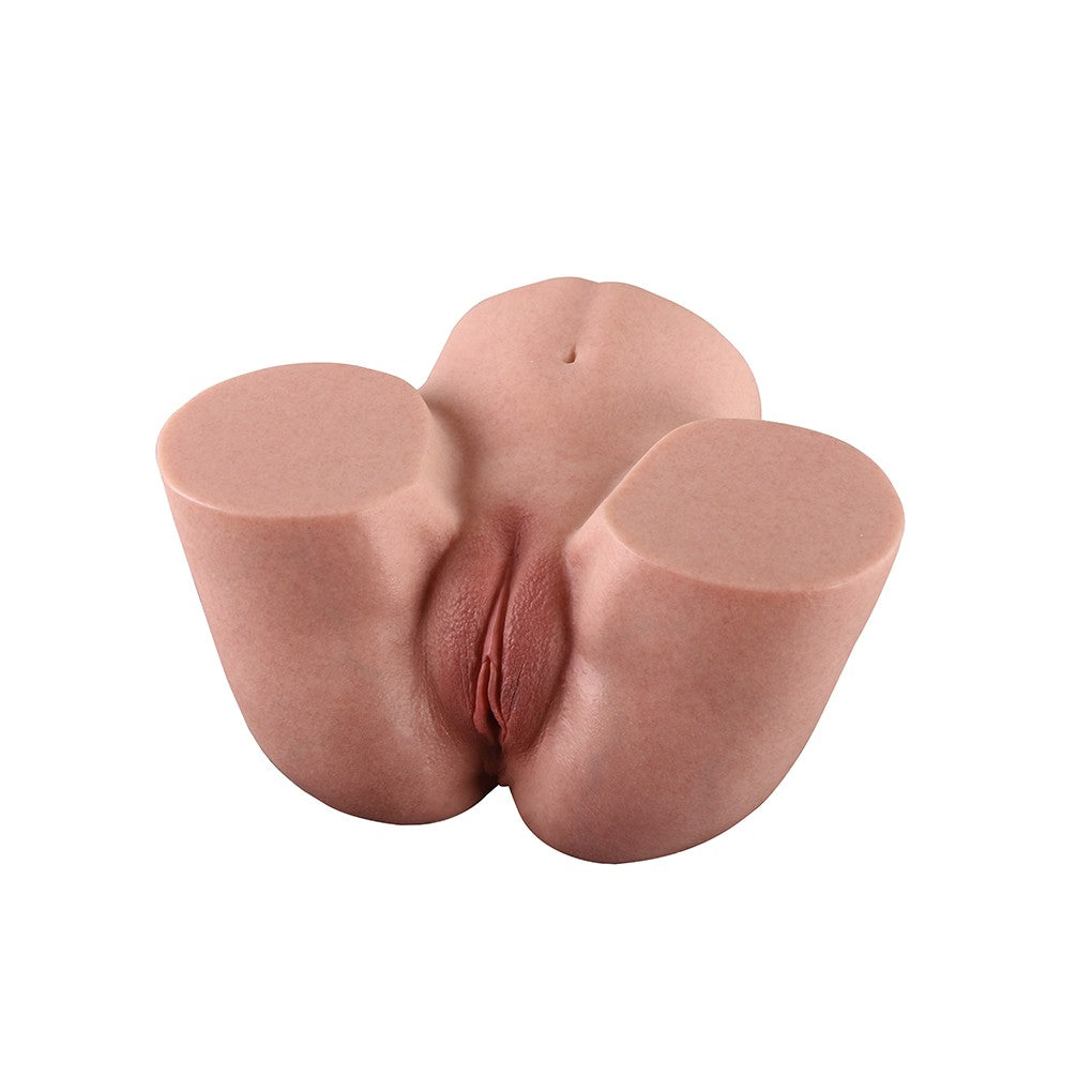 Realistic male masturbator with detailed vulva and rounded contours, soft skin-like texture, natural flesh tone