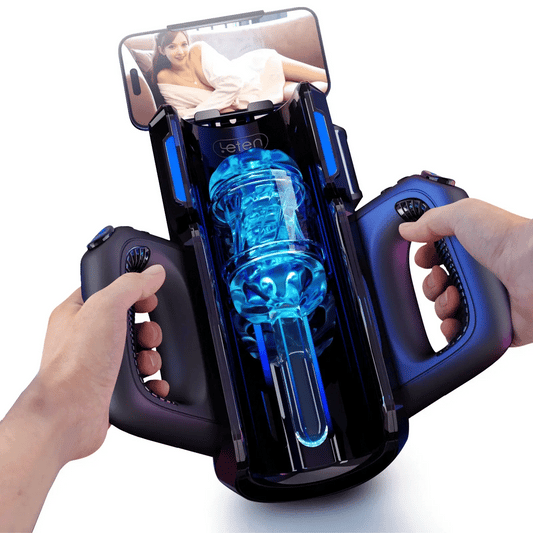 Blue translucent sleeve inside black interactive device with phone mount and dual handles for immersive experience