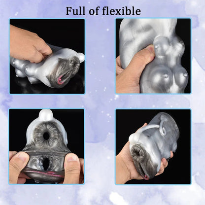 Flexible realistic male masturbator with detailed vaginal and anal openings, soft silicone texture, lifelike skin tone