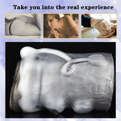 Realistic male masturbator with detailed labia, clitoral hood, and textured interior, branded YOGY