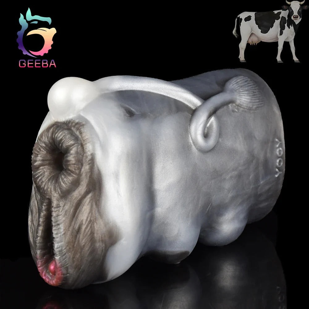 Realistic cow-themed male masturbator with detailed udder texture and lifelike vaginal opening, gray and pink tones