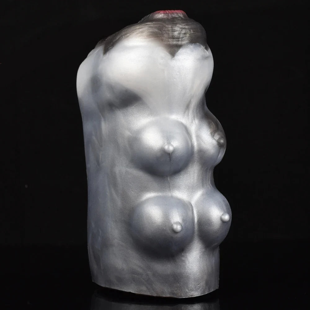 Realistic female torso masturbator with detailed breasts and smooth, lifelike skin texture in metallic gray