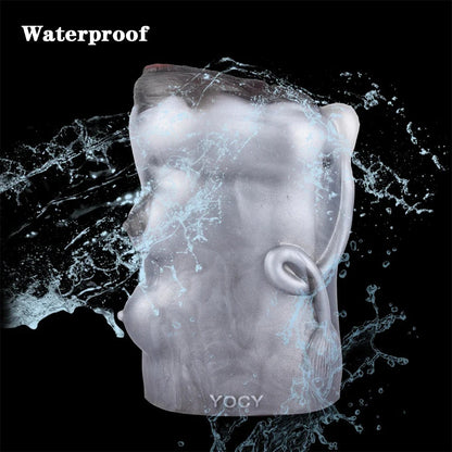 Waterproof male masturbator with realistic texture and YOCY branding, shown splashing in water