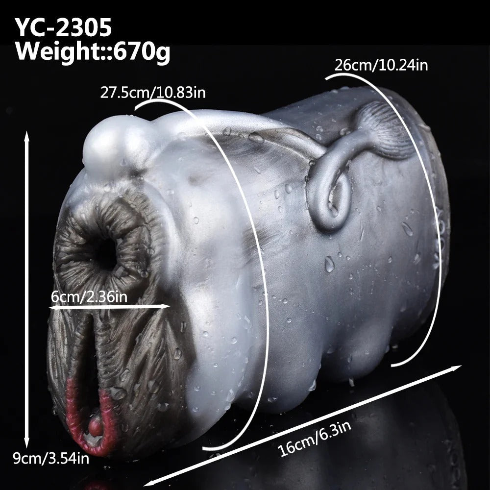 Realistic male masturbator with detailed labia, textured interior, and lifelike skin finish, 27.5cm long