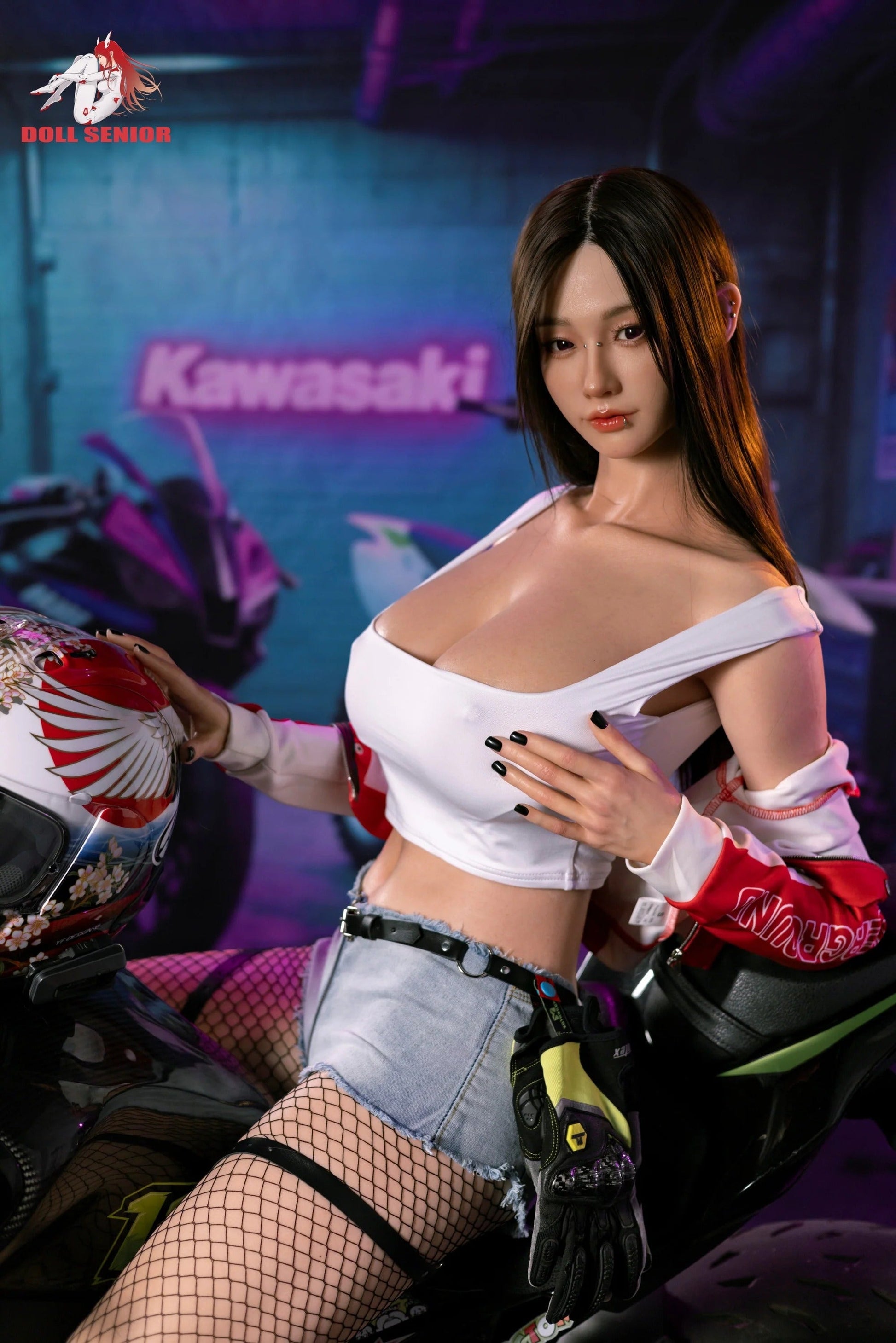 Realistic female doll with long brown hair, wearing white off-shoulder top, denim shorts, fishnet stockings, holding motorcycle helmet