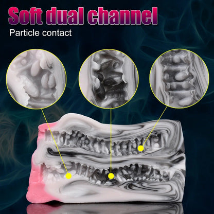 Soft dual-channel male masturbator with textured inner walls and particle contact design for enhanced stimulation