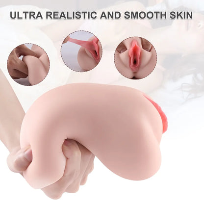 Realistic male masturbator with smooth, soft skin texture and detailed vaginal opening, held in hand