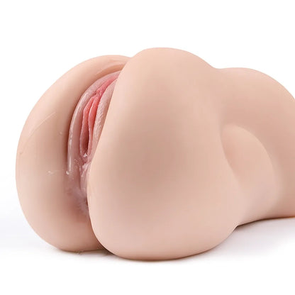 Realistic silicone male masturbator with detailed labia and natural skin texture