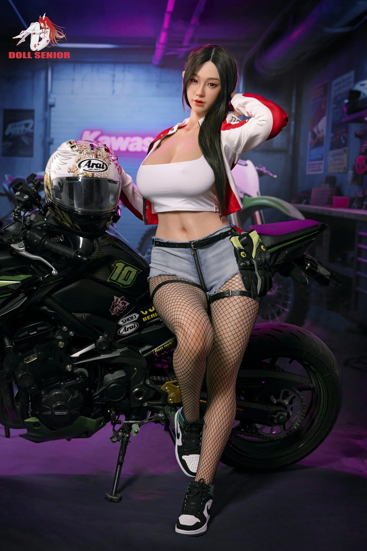 Realistic female doll in racer outfit leaning on motorcycle, wearing fishnets and denim shorts