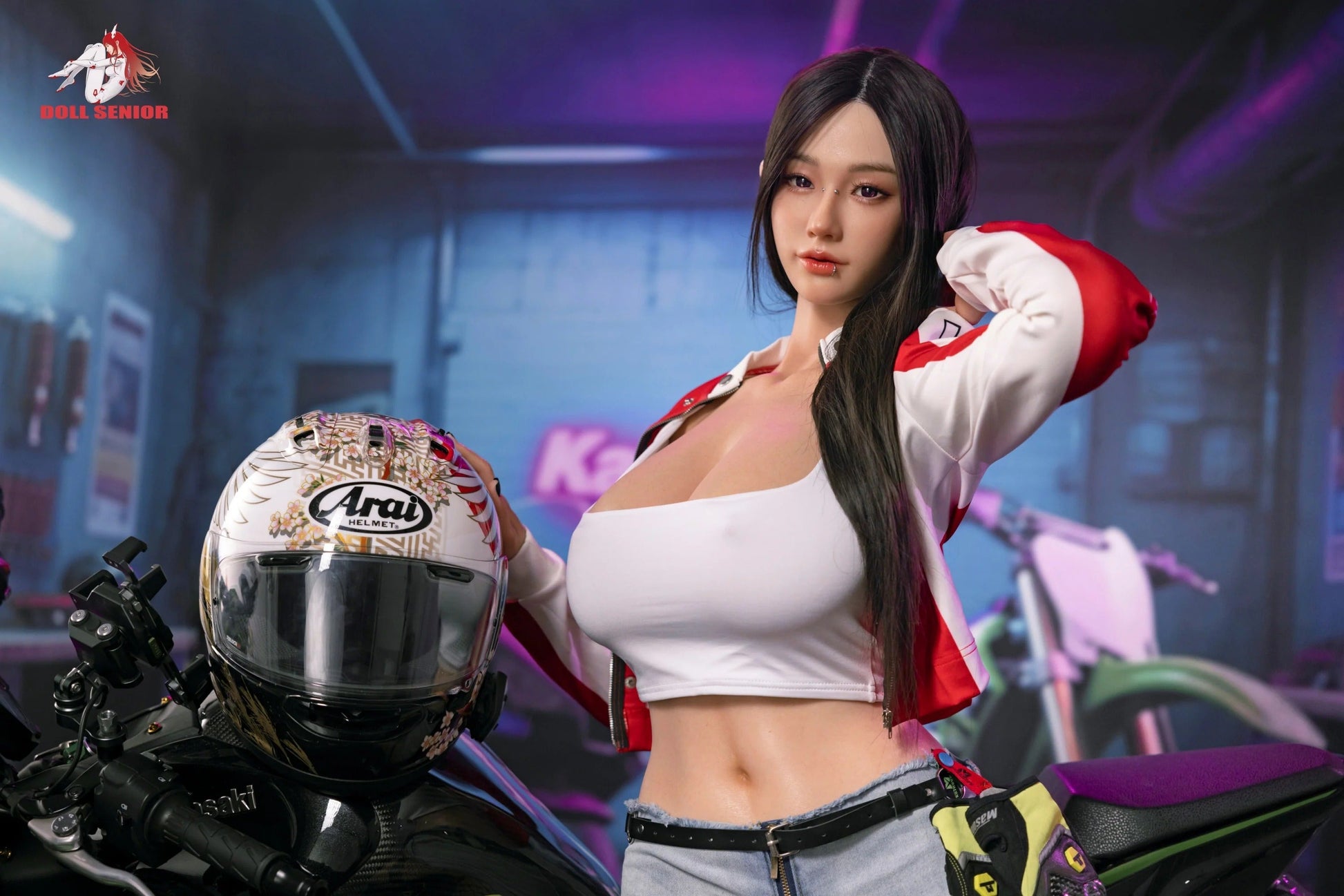 Realistic female doll in red and white jacket holding Arai helmet, standing beside motorcycle in garage