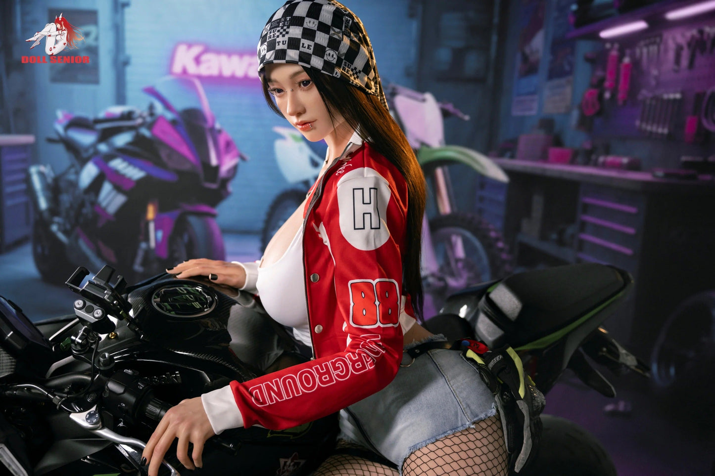 Realistic female doll in red racing jacket and checkered beanie, seated on motorcycle in garage setting
