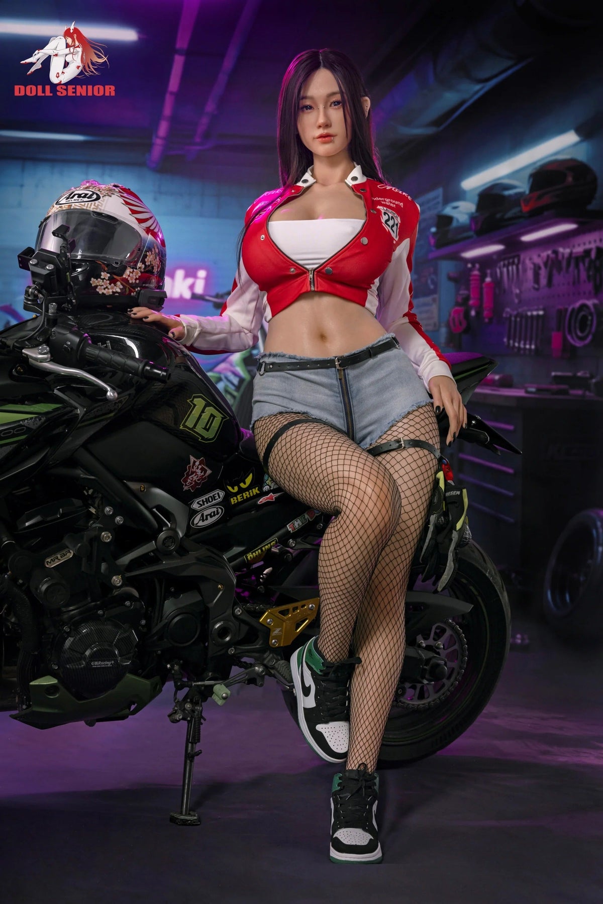 Realistic female figure in red racing jacket and denim shorts posing beside black motorcycle in garage setting