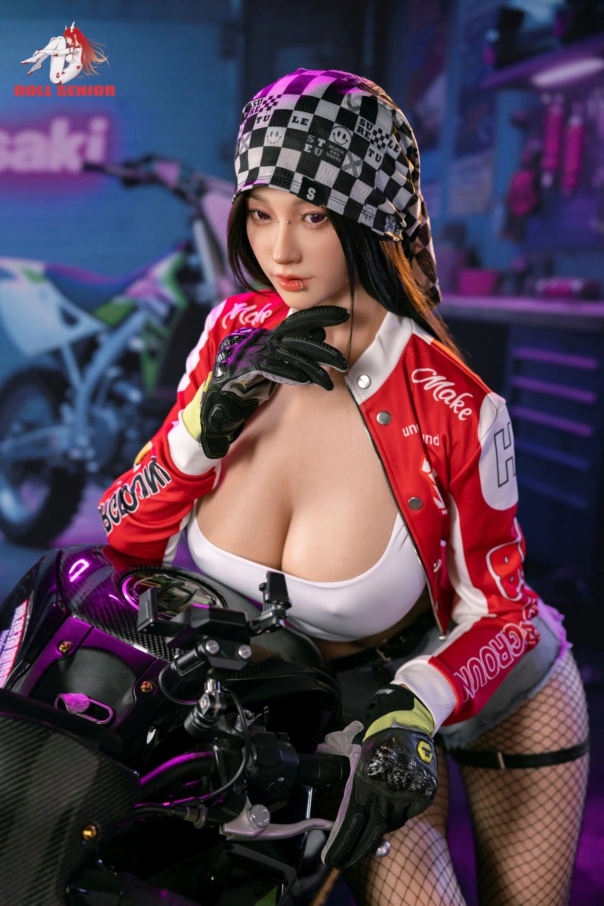 Realistic female doll in red racing jacket, checkered bandana, and fishnet stockings, posed on a purple motorcycle.