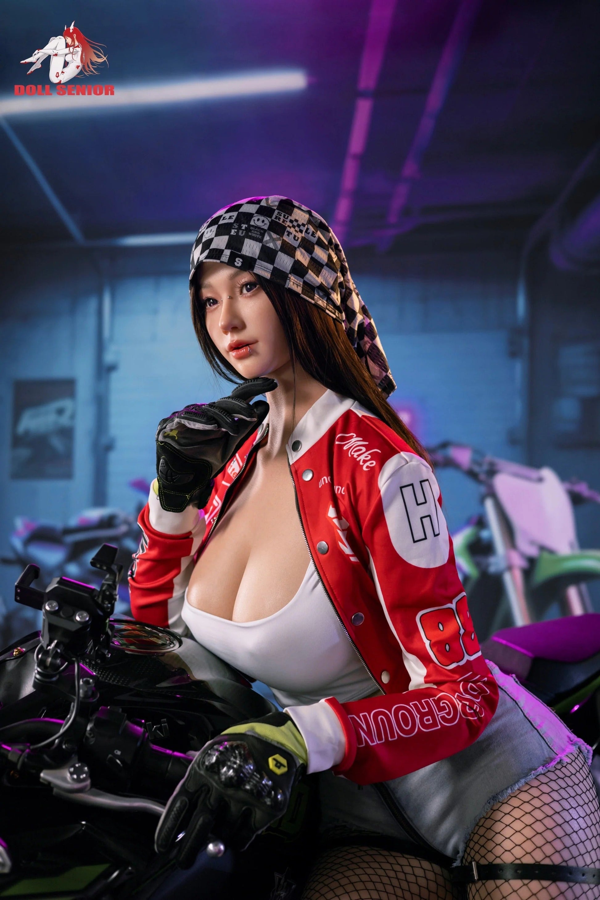 Realistic female doll in red racing jacket, checkered bandana, fishnet stockings, posed on motorcycle under neon lights