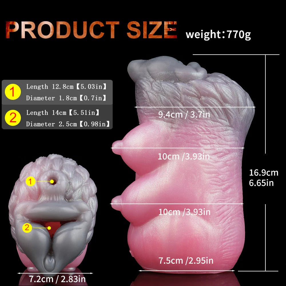 Realistic pink and gray male masturbator with detailed texture, dual openings, and precise measurements shown