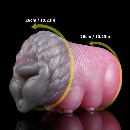 Realistic pink and gray male masturbator with textured skin, 26cm length, detailed labia and vaginal opening