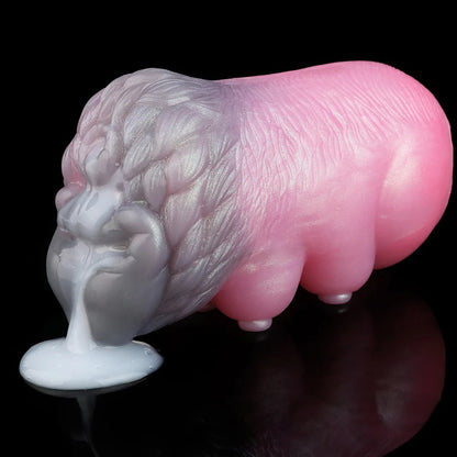 Pink and white textured male masturbator with realistic vaginal opening and fluid simulation
