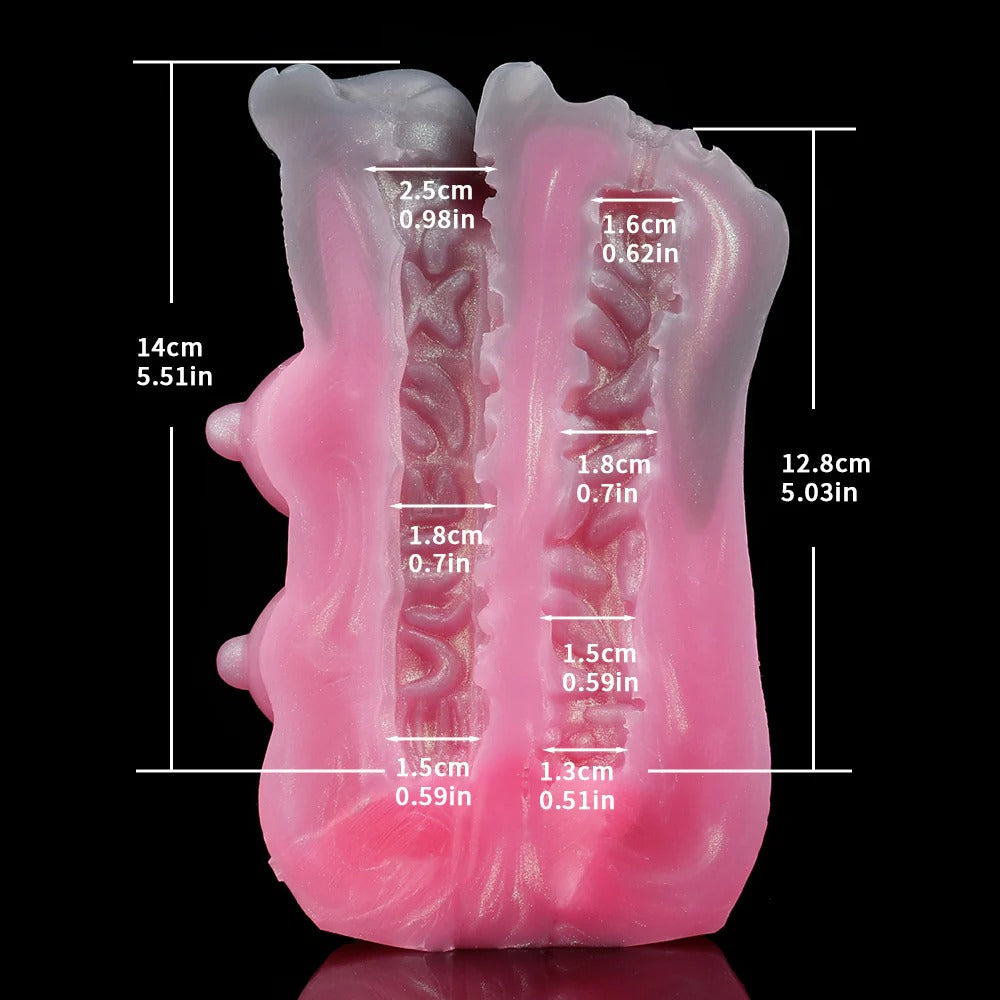 Pink silicone male masturbator with detailed internal textures and precise measurements shown