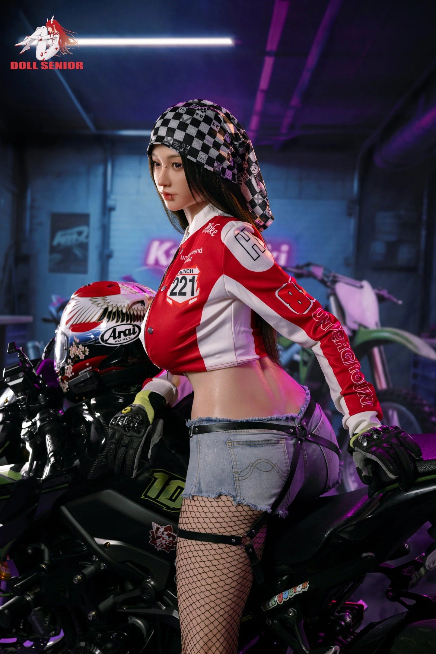 Realistic female figure in red racing jacket, denim shorts, and fishnet stockings, posing beside a motorcycle in a garage.
