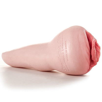 Realistic pink silicone male masturbator with textured vaginal opening and embossed branding