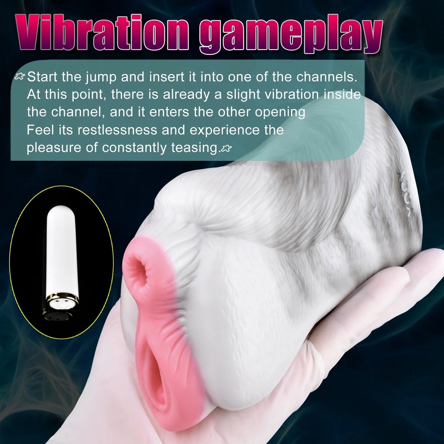 Realistic dual-channel male masturbator with pink vaginal opening and white textured body, held in gloved hand