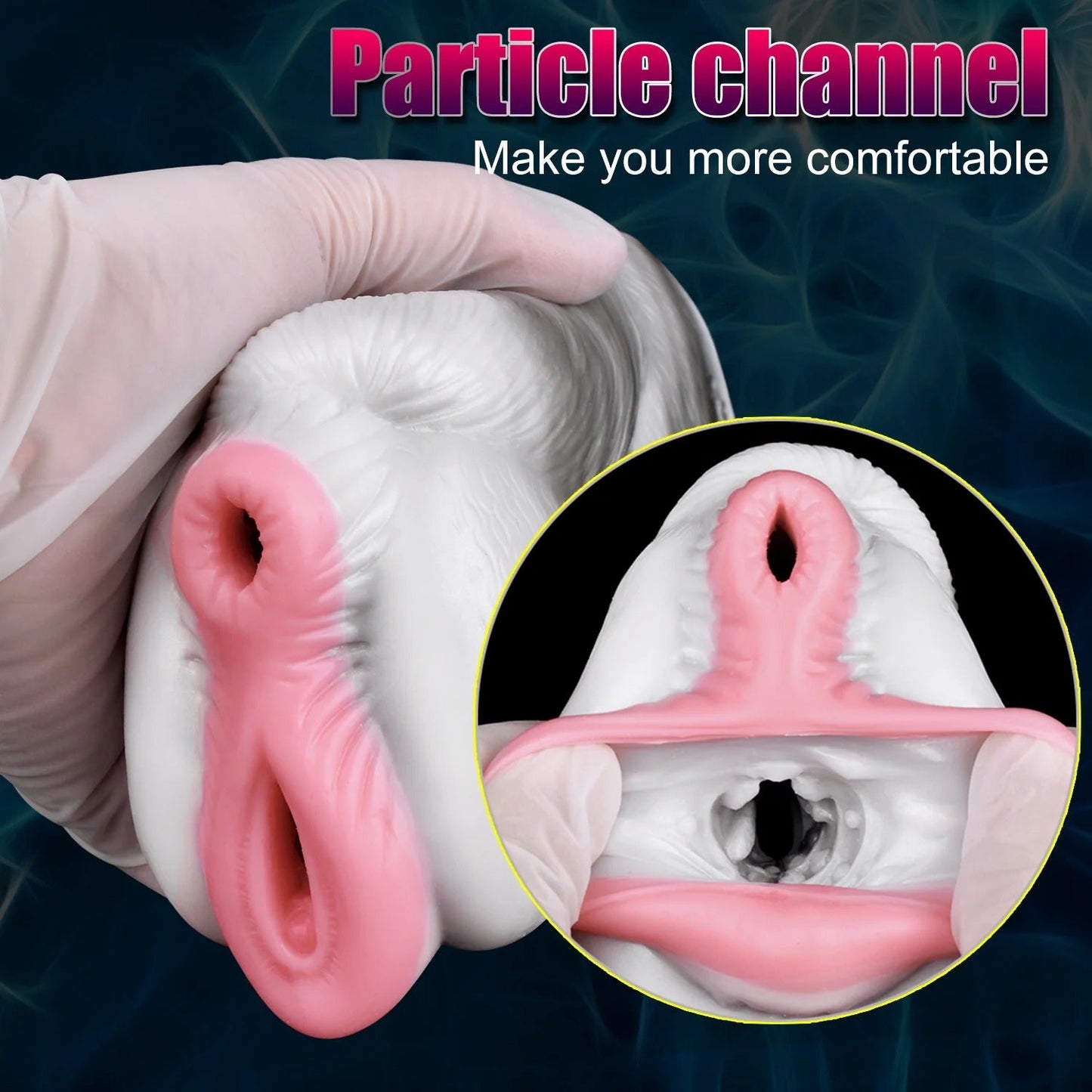 Realistic pink and white male masturbator with textured inner channel and soft silicone feel