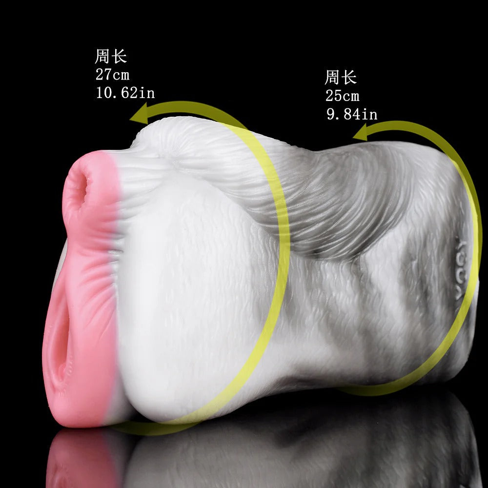 Realistic male masturbator with pink entrance, textured white body, and dual girth measurements shown
