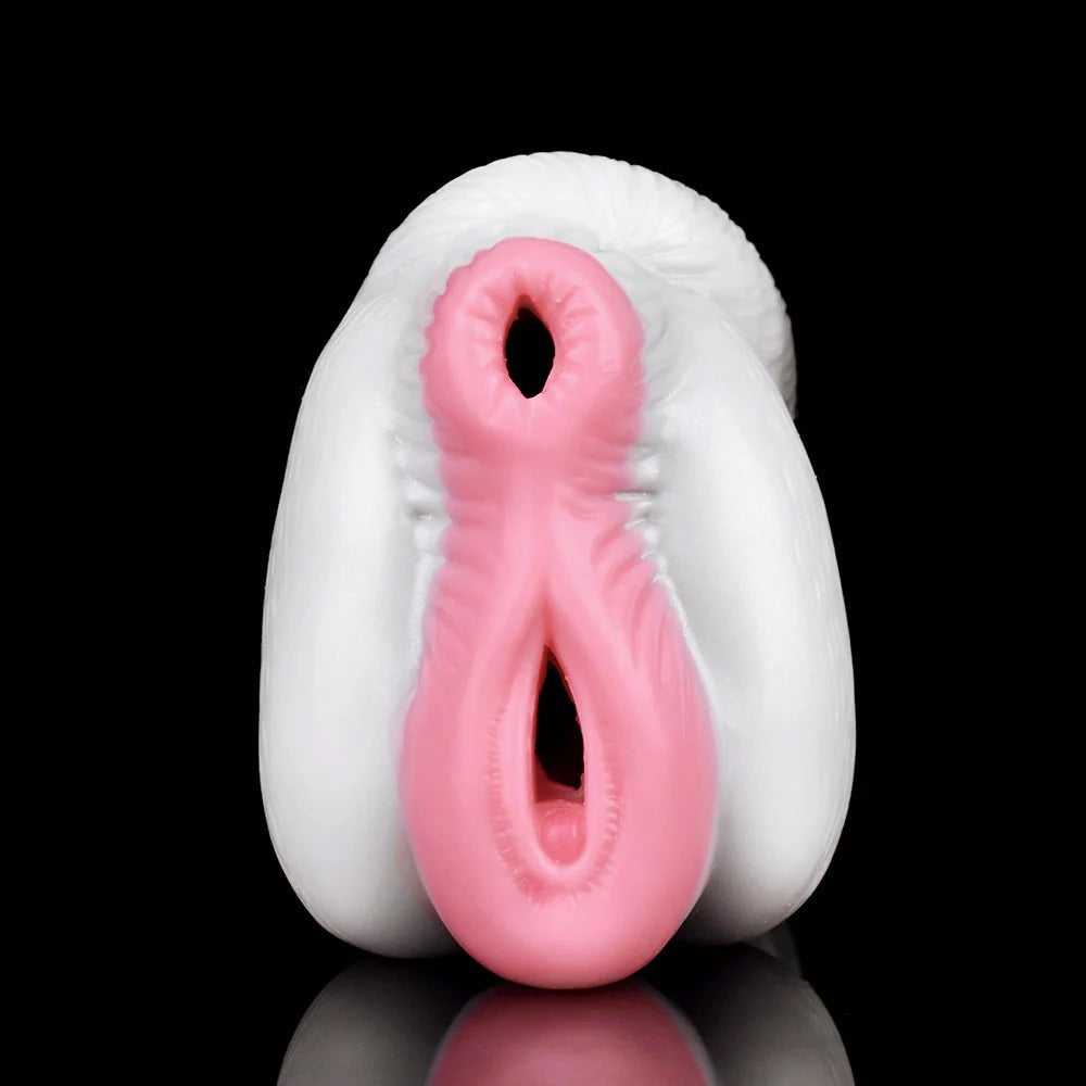Realistic pink and white male masturbator with detailed texture and dual openings