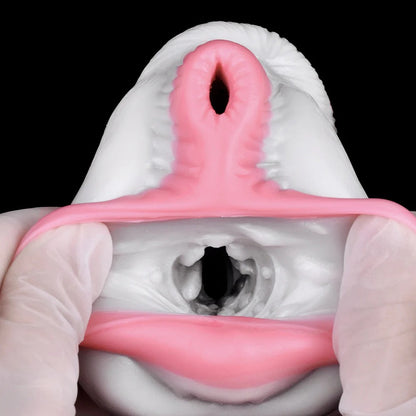 Realistic pink and white silicone male masturbator with detailed vaginal and anal openings, held by gloved hands
