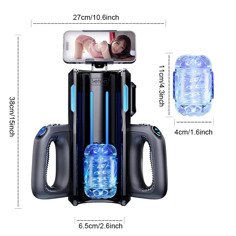 Black and blue male masturbator with dual handles, phone mount, and translucent textured sleeve, 38cm tall